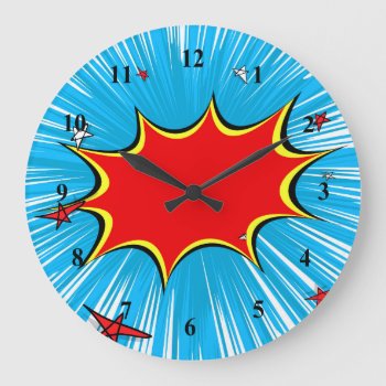 Retro Blue & Red Stars Comic Explosion Large Clock by GroovyFinds at Zazzle