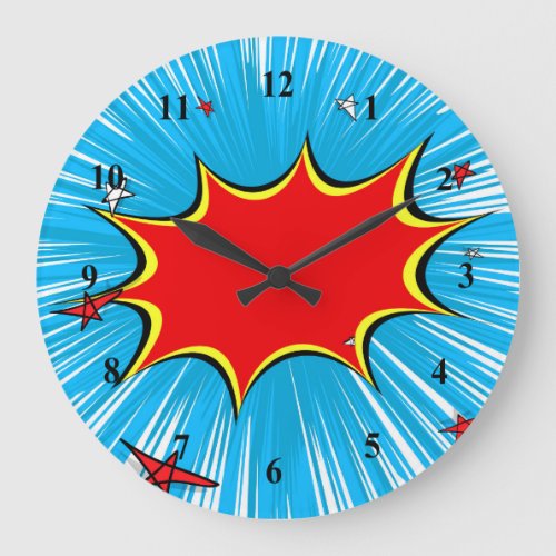 Retro Blue  Red Stars Comic Explosion Large Clock
