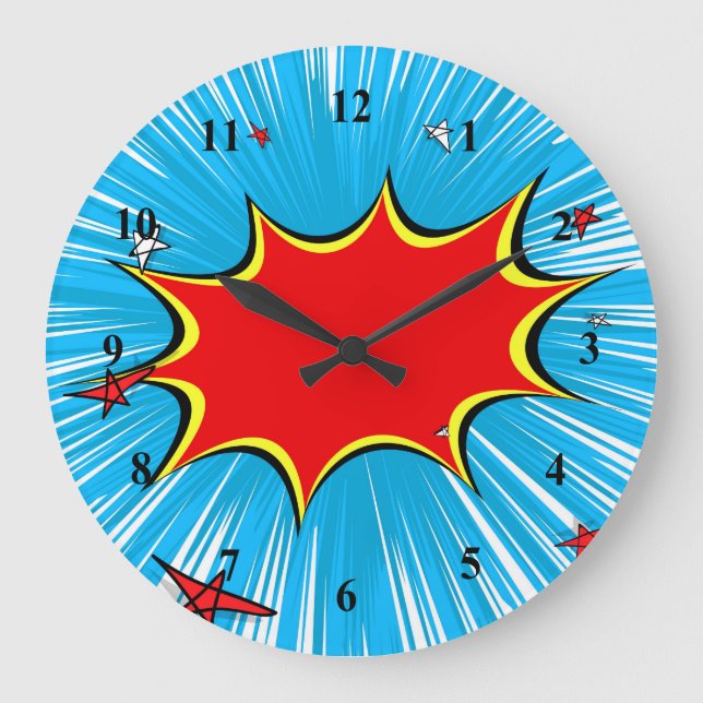 Retro Blue & Red Stars Comic Explosion Large Clock (Front)