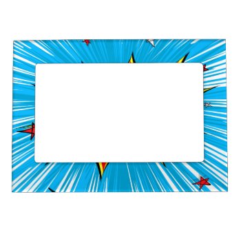 Retro Blue & Red Stars Comic Explosion Magnetic Photo Frame by GroovyFinds at Zazzle