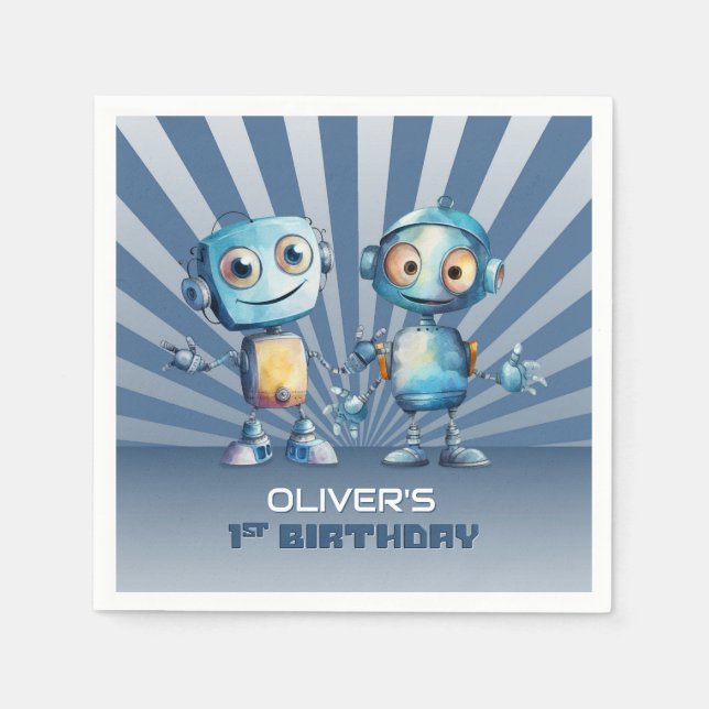 Retro Blue Robot Theme 1st Birthday Napkins (Front)