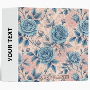 Retro Blue Rose Pattern on Soft Pink Background 3 Ring Binder