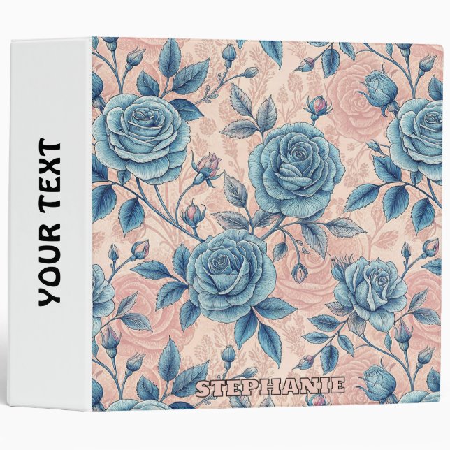 Retro Blue Rose Pattern on Soft Pink Background 3 Ring Binder (Front/Spine)