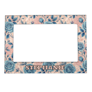 Retro Blue Rose Pattern on Soft Pink Background Magnetic Frame