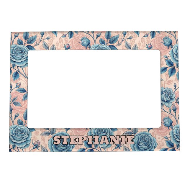Retro Blue Rose Pattern on Soft Pink Background Magnetic Frame (Front)