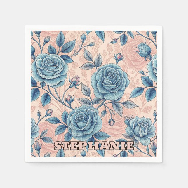 Retro Blue Rose Pattern on Soft Pink Background Napkins (Front)