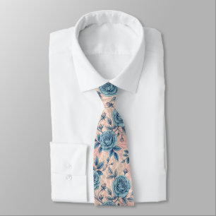 Retro Blue Rose Pattern on Soft Pink Background Neck Tie