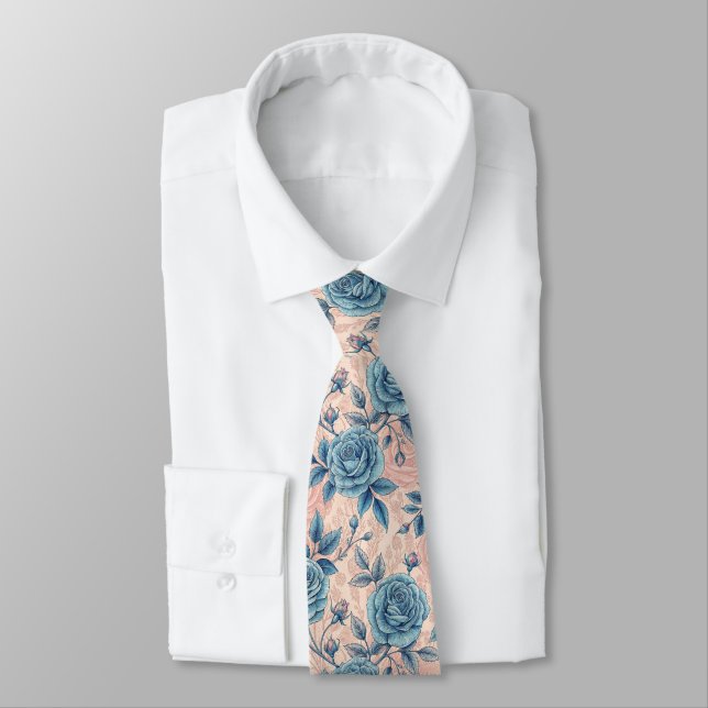 Retro Blue Rose Pattern on Soft Pink Background Neck Tie (Tied)