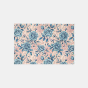 Retro Blue Rose Pattern on Soft Pink Background Outdoor Rug