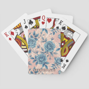 Retro Blue Rose Pattern on Soft Pink Background Poker Cards