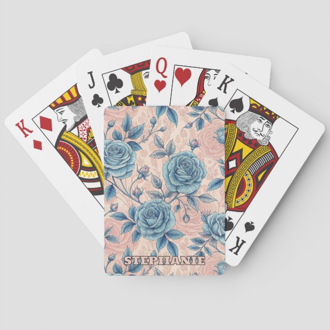Retro Blue Rose Pattern on Soft Pink Background Poker Cards (Back)