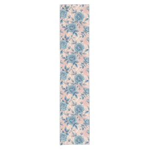 Retro Blue Rose Pattern on Soft Pink Background Short Table Runner