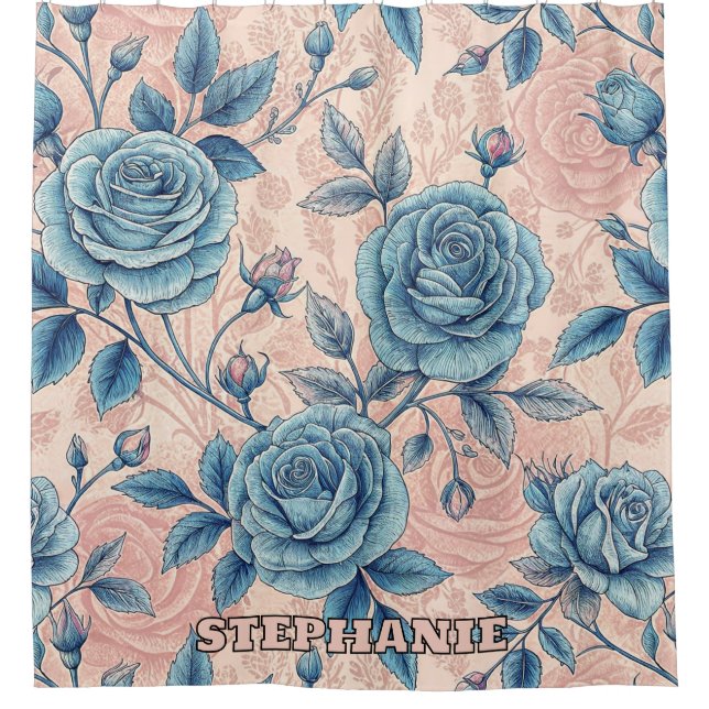 Retro Blue Rose Pattern on Soft Pink Background Shower Curtain (Front)