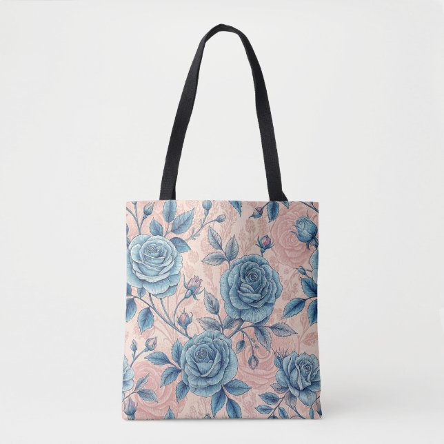 Retro Blue Rose Pattern on Soft Pink Background Tote Bag (Front)