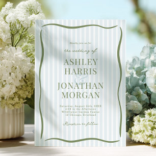 Retro Blue & Sage Striped Wedding Invitation