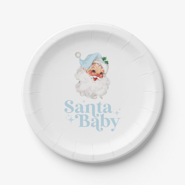 Retro Blue Santa Baby christmas baby shower Paper Plates (Front)