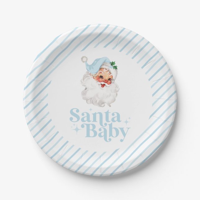 Retro Blue Santa Baby christmas baby shower Paper Plates (Front)