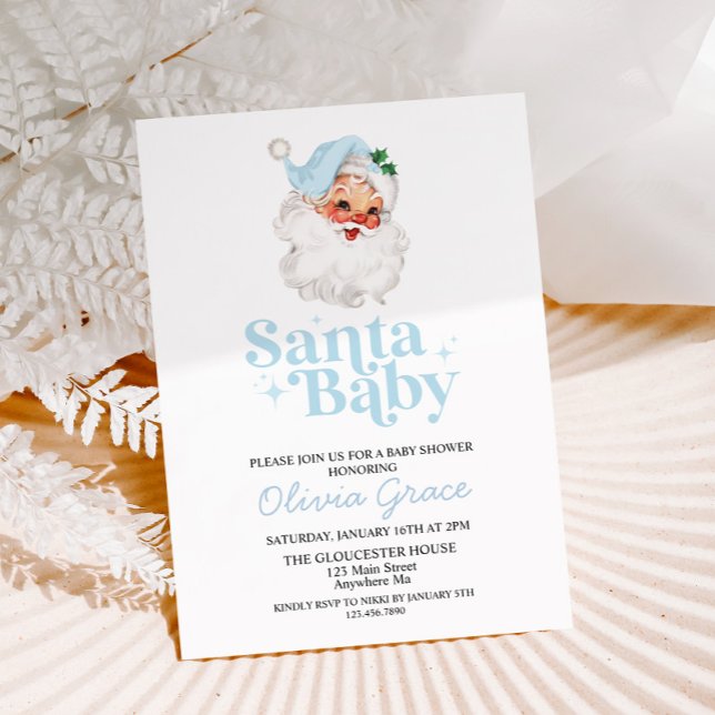 Retro Blue Santa Baby Holiday Baby Shower Invitation (Creator Uploaded)