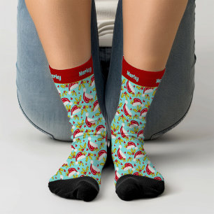Retro Blue Santa Hat Holly Add Name Teen Christmas Socks