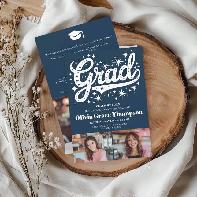 Retro Blue Script Stars 3-Photo Graduation Party Invitation (Retro Blue Script Stars 3-Photo Graduation Party Invitation)