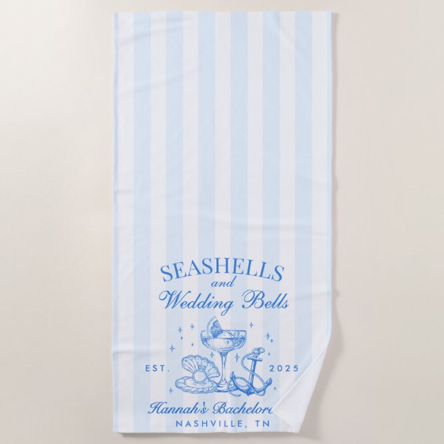 Retro Blue Seashells & Wedding Bells Bachelorette  Beach Towel (Front)