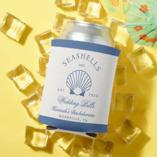 Retro Blue Seashells & Wedding Bells Bachelorette  Can Cooler