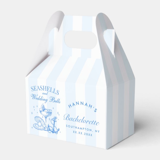 Retro Blue Seashells & Wedding Bells Bachelorette  Favor Boxes (Front Side)