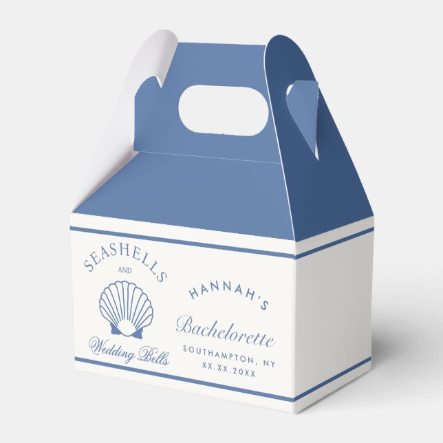 Retro Blue Seashells & Wedding Bells Bachelorette  Favor Boxes (Front Side)