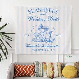 Retro Blue Seashells & Wedding Bells Bachelorette Fleece Blanket