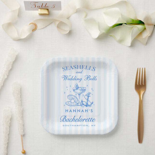 Retro Blue Seashells & Wedding Bells Bachelorette  Paper Plates (Wedding)