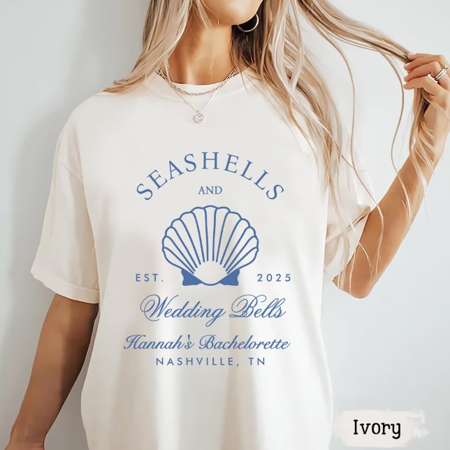 Retro Blue Seashells & Wedding Bells Bachelorette T-Shirt (Creator Uploaded)