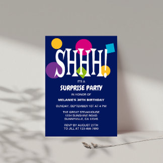 Retro Blue SHHH Surprise Birthday Party  Invitation