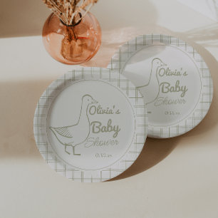 Retro Blue Silly Goose Hand Drawn Baby Boy Shower Paper Plates