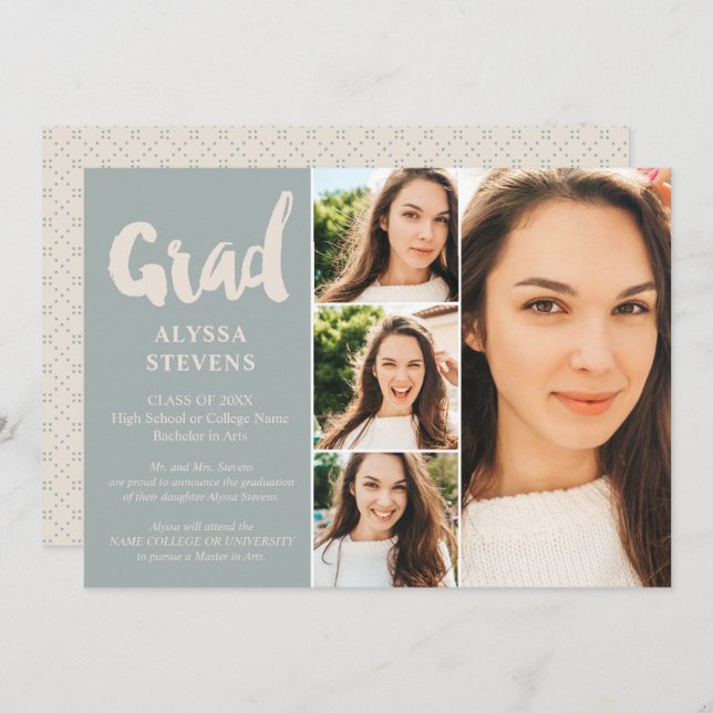 Retro blue simple Grad script 4 photos graduation Invitation (Front/Back)