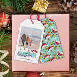 Retro Blue Simple Photo Festive Merry Christmas Gift Tags<br><div class="desc">This simple and minimal, yet festive Merry Christmas design was created using a fun modern script font and my hand lettered block font in a retro style in aqua blue and red topped off with my hand painted Santa hat with holly and berries to make your family photo shine as...</div>
