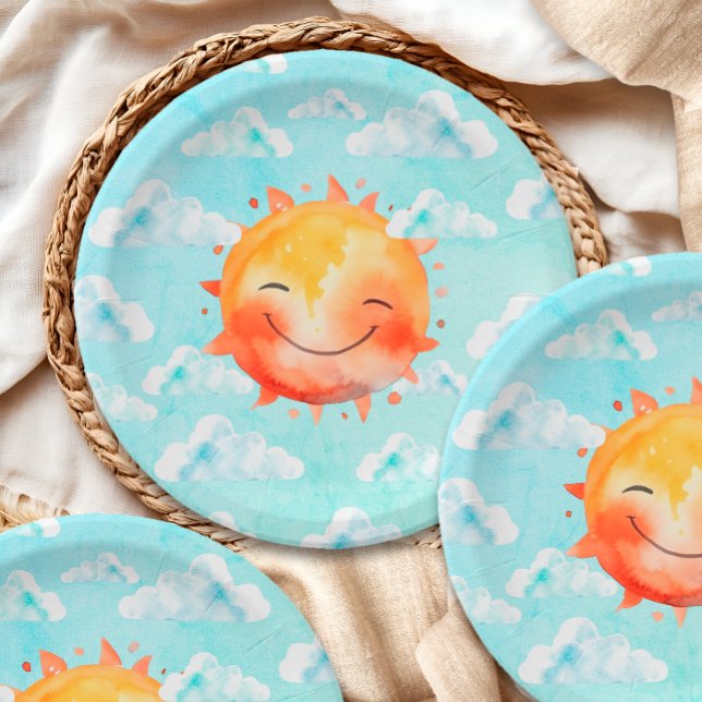 Retro Blue Sky Boho Happy Sunshine Baby Shower Paper Plates (Creator Uploaded)