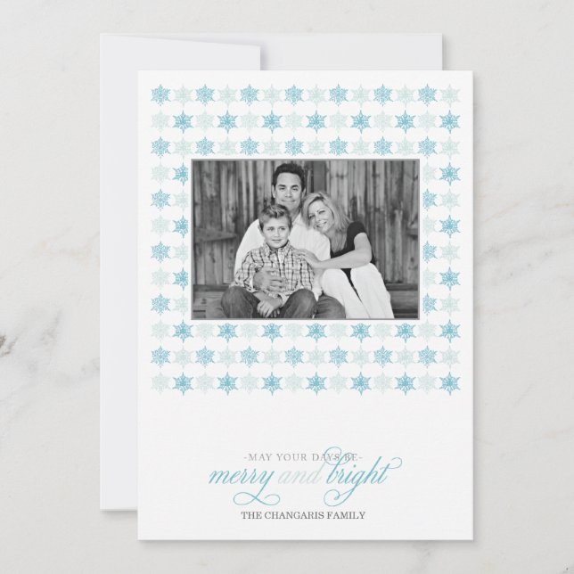 Retro Blue Snowflake Holiday Photo Card (Front)
