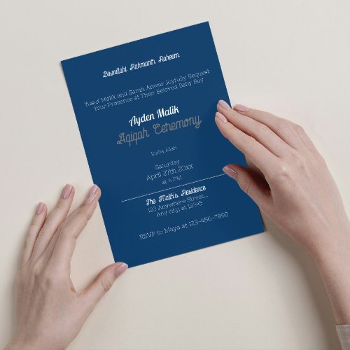 Retro Blue Solid Color Plain Aqiqah Baby Shower Invitation