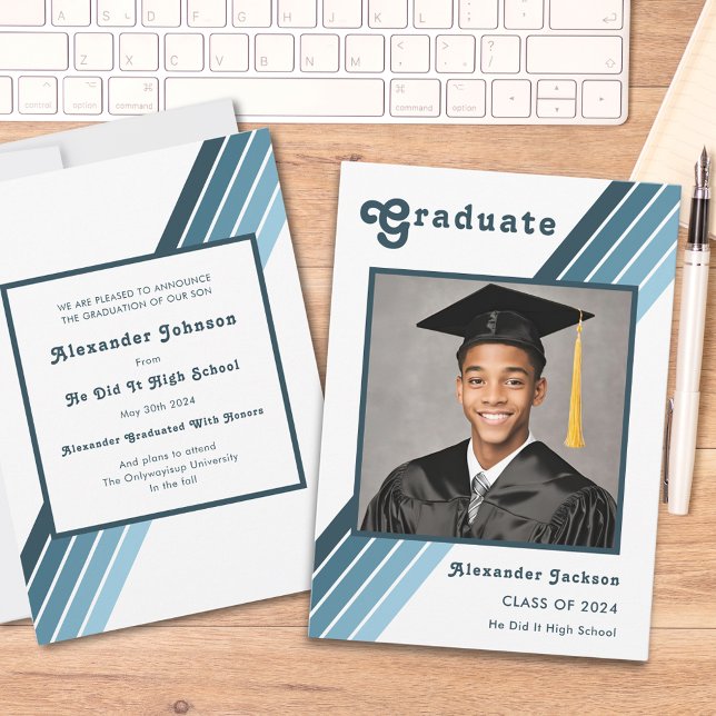Retro Blue Stripe Grad Photo High School Announcement (Retro blue groovy 70s vintage grad photo high school graduation announcement card)