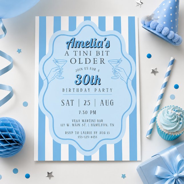 Retro Blue Stripe Tini Bit Older Martini Birthday Invitation (Retro Blue Stripe Tini Bit Older Martini Birthday Invitation)