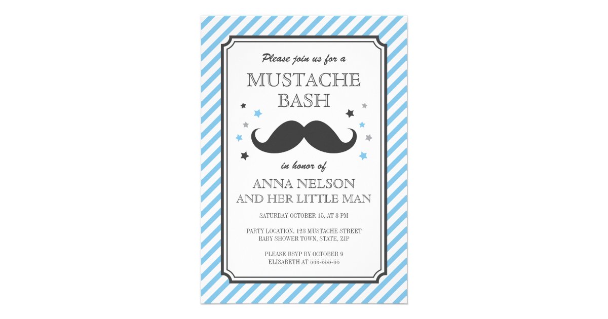 Retro Blue Stripes Little Man Mustache Baby Shower Custom Invites