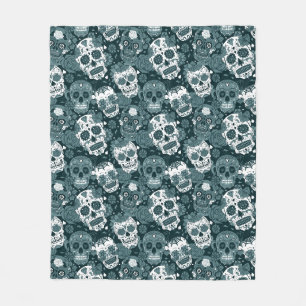 retro blue sugar skull floral ornamental pattern fleece blanket