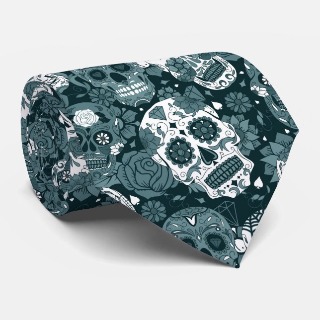 retro blue sugar skull floral ornamental pattern neck tie (Rolled)