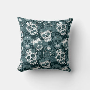 retro blue sugar skull floral ornamental pattern throw pillow