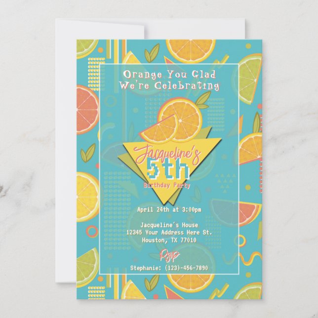 Retro Blue Summer Citrus Fruit Birthday Invitation (Front)