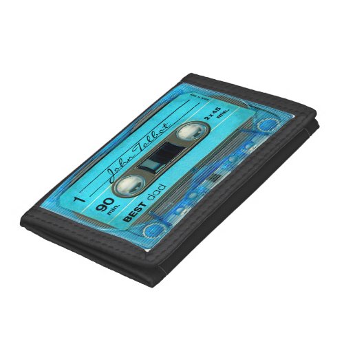 Retro Blue T4 Audiotape Cassette Best Dad Name W Trifold Wallet