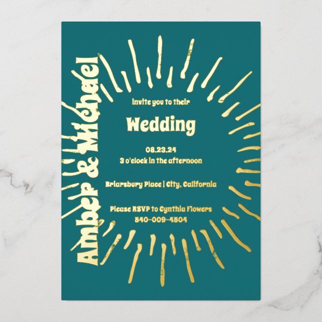 Retro Blue Teal and Gold Sun Wedding Foil Invitation (Front)