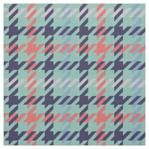 Retro blue teal coral houndstooth plaid pattern fabric