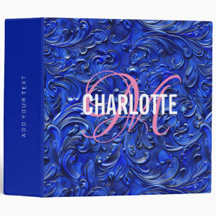 Retro blue tooled leather monogram name 3 ring binder