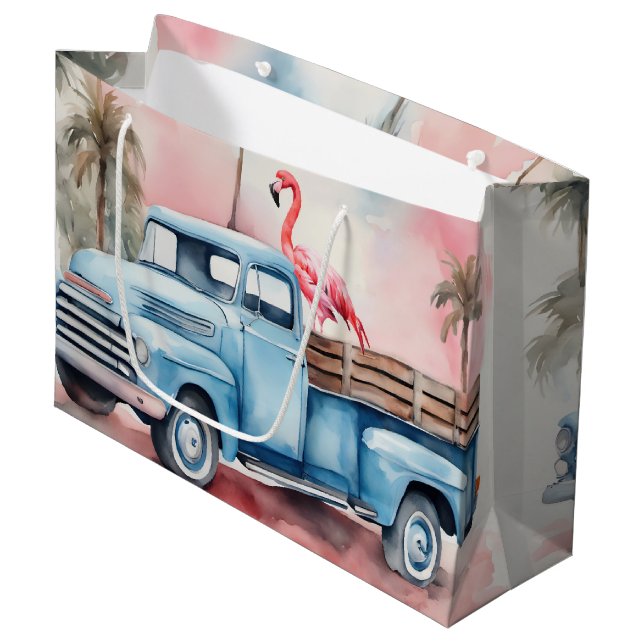 Retro Blue Truck With Flamingo Large Gift Bag (Front Angled)